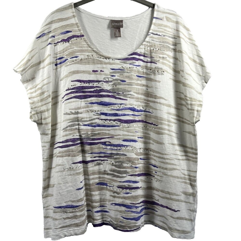 Chicos Women's Top Size XL Purple Gray White Sequin Cap Sleeve‎ Pullover Cotton
